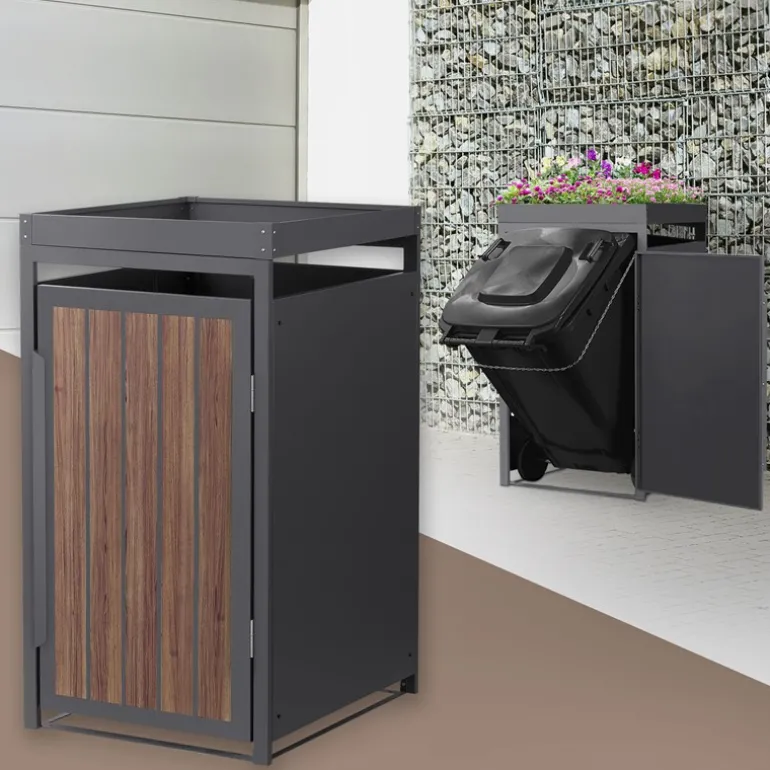 Mülltonnenbox mit Pflanzdach 1er bis 240 Liter 68x80x124 cm aus Stahl in Anthrazit-Eiche dunkel ML-Design