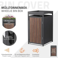 Mülltonnenbox mit Pflanzdach 1er bis 240 Liter 68x80x124 cm aus Stahl in Anthrazit-Eiche dunkel ML-Design