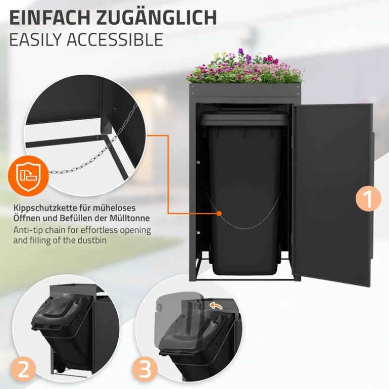 Mülltonnenbox mit Pflanzdach 1er bis 240 Liter 68x80x124 cm aus Stahl in Anthrazit-Eiche dunkel ML-Design