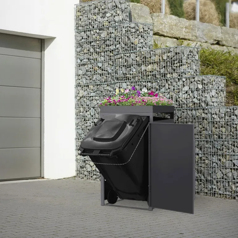 Mülltonnenbox mit Pflanzdach 1er bis 240 Liter 68x80x124 cm aus Stahl in Anthrazit-Eiche dunkel ML-Design