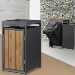 Mülltonnenbox mit Pflanzdach 1er bis 240 Liter 68x80x124 cm aus Stahl in Anthrazit-Holzoptik ML-Design