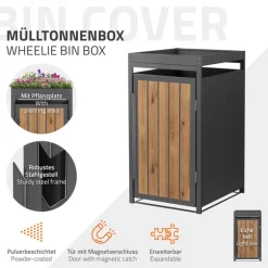 Mülltonnenbox mit Pflanzdach 1er bis 240 Liter 68x80x124 cm aus Stahl in Anthrazit-Holzoptik ML-Design