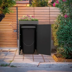 Mülltonnenbox mit Pflanzdach 1er bis 240 Liter 68x80x124 cm aus Stahl in Anthrazit-Holzoptik ML-Design