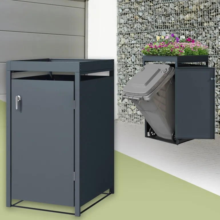 Mülltonnenbox mit Pflanzdach 1er bis 240L 68x80x124 cm aus Stahl in Anthrazit ML-Design