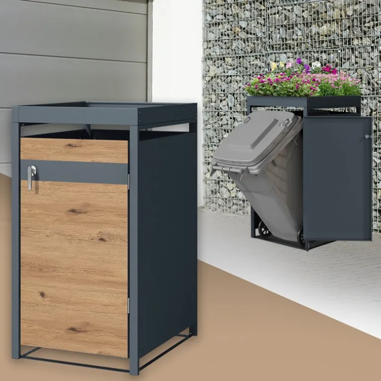 Mülltonnenbox mit Pflanzdach 1er bis 240L 68x80x124 cm aus Stahl in Eichenoptik ML-Design
