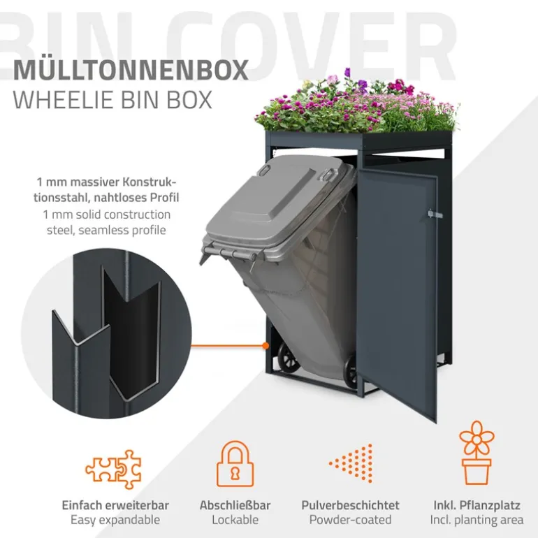 Mülltonnenbox mit Pflanzdach 1er bis 240L 68x80x124 cm aus Stahl in Eichenoptik ML-Design