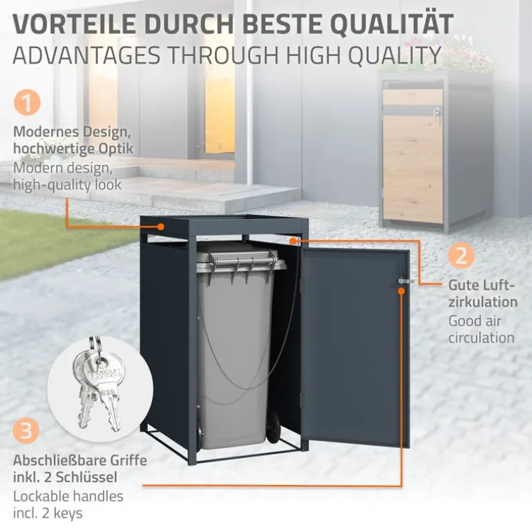 Mülltonnenbox mit Pflanzdach 1er bis 240L 68x80x124 cm aus Stahl in Eichenoptik ML-Design