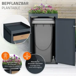 Mülltonnenbox mit Pflanzdach 1er bis 240L 68x80x124 cm aus Stahl in Eichenoptik ML-Design