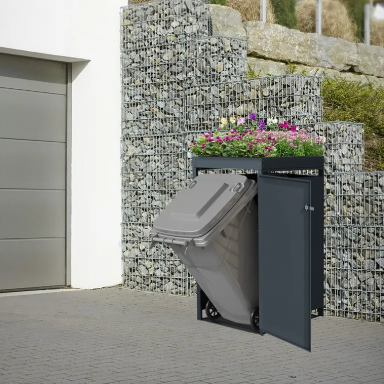 Mülltonnenbox mit Pflanzdach 1er bis 240L 68x80x124 cm aus Stahl in Eichenoptik ML-Design
