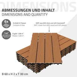 2m² 12 Stück WPC Terrassenfliesen 60x30 cm Hellbraun in Holzoptik Balkon Bodenbelag mit Drainage und Klicksystem Terrassendielen Balkonfliesen