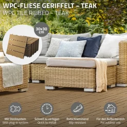 2m² 22 Stück WPC Terrassenfliesen 30x30 cm Teak in Holzoptik Balkon Bodenbelag mit Drainage und Klicksystem Terrassendielen Balkonfliesen