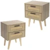Nachttisch 2er Set 40x50,5x30 cm Eiche-Optik Beistelltisch mit 2 Schubladen und Rattanfront & Massivholzfüßen ML-Design