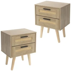 Nachttisch 2er Set 40x50,5x30 cm Eiche-Optik Beistelltisch mit 2 Schubladen und Rattanfront & Massivholzfüßen ML-Design