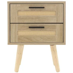 Nachttisch 2er Set 40x50,5x30 cm Eiche-Optik Beistelltisch mit 2 Schubladen und Rattanfront & Massivholzfüßen ML-Design
