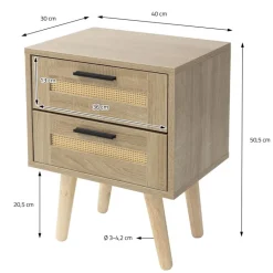 Nachttisch 2er Set 40x50,5x30 cm Eiche-Optik Beistelltisch mit 2 Schubladen und Rattanfront & Massivholzfüßen ML-Design