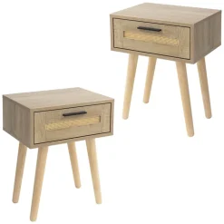 Nachttisch 2er Set 40x50,5x30 cm Eiche-Optik Beistelltisch mit Rattanfront & Massivholzfüßen ML-Design