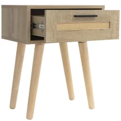 Nachttisch 2er Set 40x50,5x30 cm Eiche-Optik Beistelltisch mit Rattanfront & Massivholzfüßen ML-Design