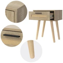 Nachttisch 2er Set 40x50,5x30 cm Eiche-Optik Beistelltisch mit Rattanfront & Massivholzfüßen ML-Design