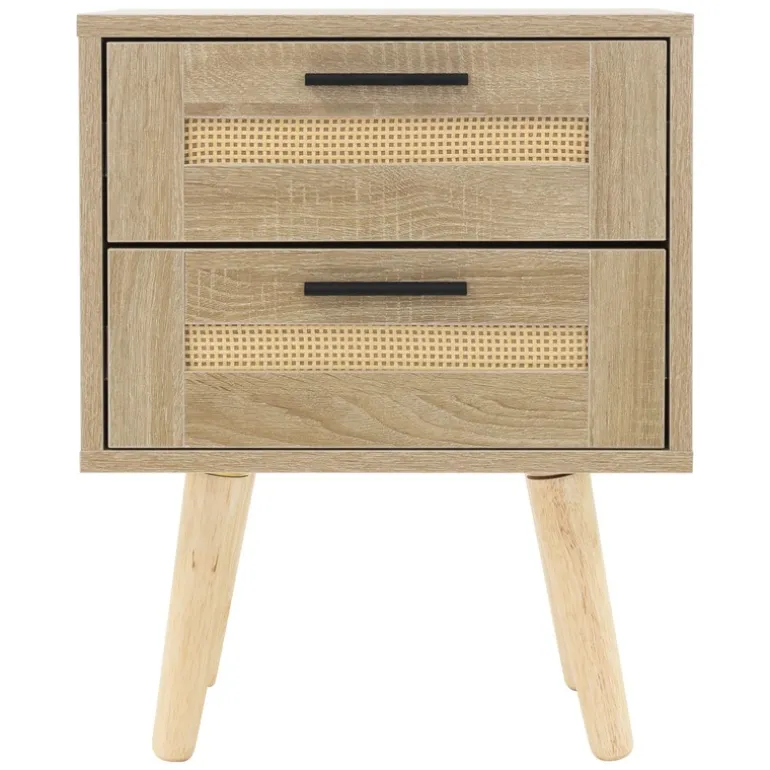 Nachttisch 40x50,5x30 cm Eiche-Optik Beistelltisch mit 2 Schubladen und Rattanfront & Massivholzfüßen ML-Design
