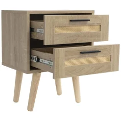 Nachttisch 40x50,5x30 cm Eiche-Optik Beistelltisch mit 2 Schubladen und Rattanfront & Massivholzfüßen ML-Design