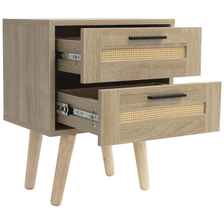 Nachttisch 40x50,5x30 cm Eiche-Optik Beistelltisch mit 2 Schubladen und Rattanfront & Massivholzfüßen ML-Design
