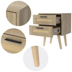 Nachttisch 40x50,5x30 cm Eiche-Optik Beistelltisch mit 2 Schubladen und Rattanfront & Massivholzfüßen ML-Design