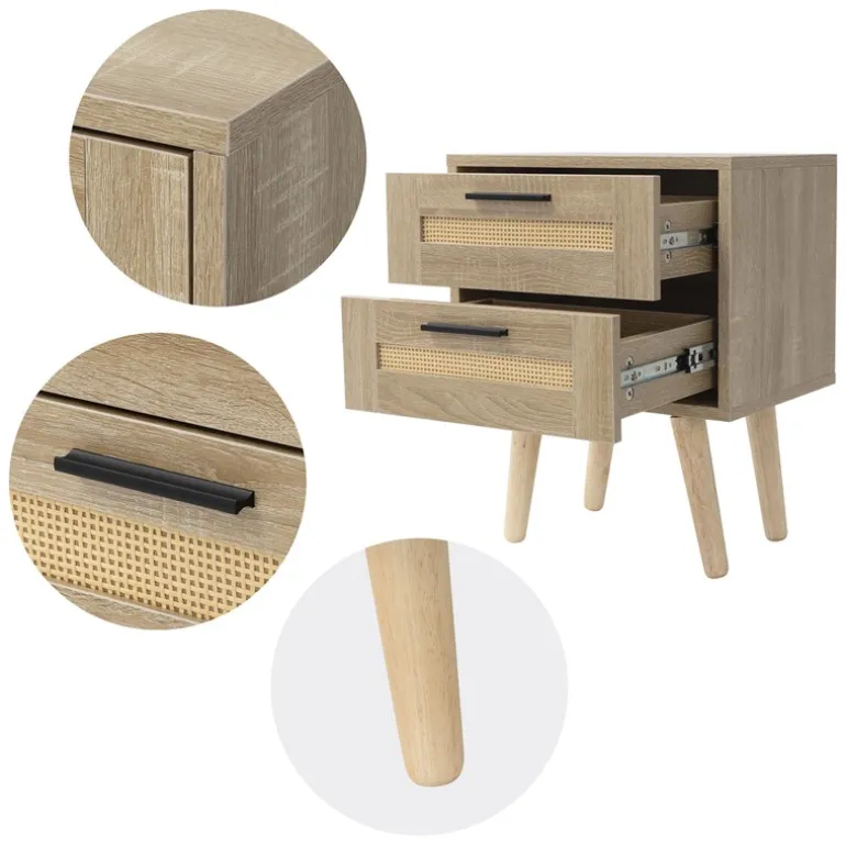 Nachttisch 40x50,5x30 cm Eiche-Optik Beistelltisch mit 2 Schubladen und Rattanfront & Massivholzfüßen ML-Design