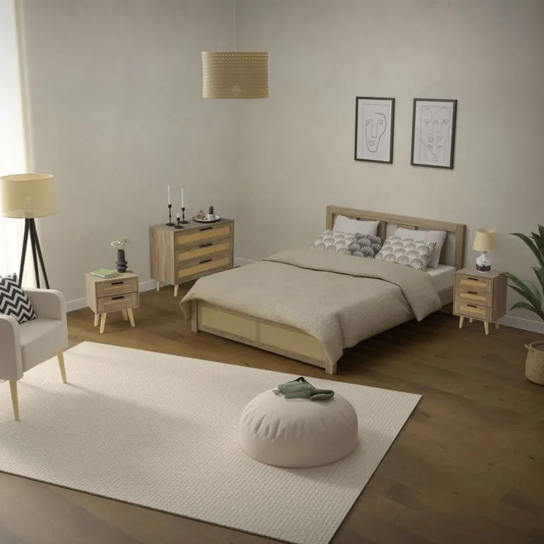 Nachttisch 40x50,5x30 cm Eiche-Optik Beistelltisch mit 2 Schubladen und Rattanfront & Massivholzfüßen ML-Design