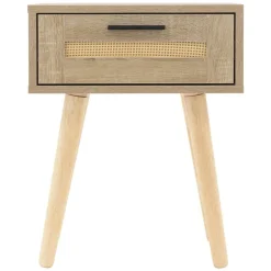 Nachttisch 40x50,5x30 cm Eiche-Optik Beistelltisch mit Rattanfront & Massivholzfüßen ML-Design