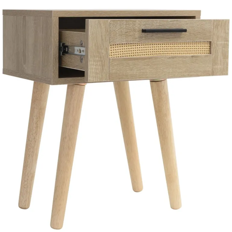 Nachttisch 40x50,5x30 cm Eiche-Optik Beistelltisch mit Rattanfront & Massivholzfüßen ML-Design