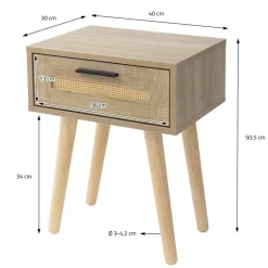 Nachttisch 40x50,5x30 cm Eiche-Optik Beistelltisch mit Rattanfront & Massivholzfüßen ML-Design