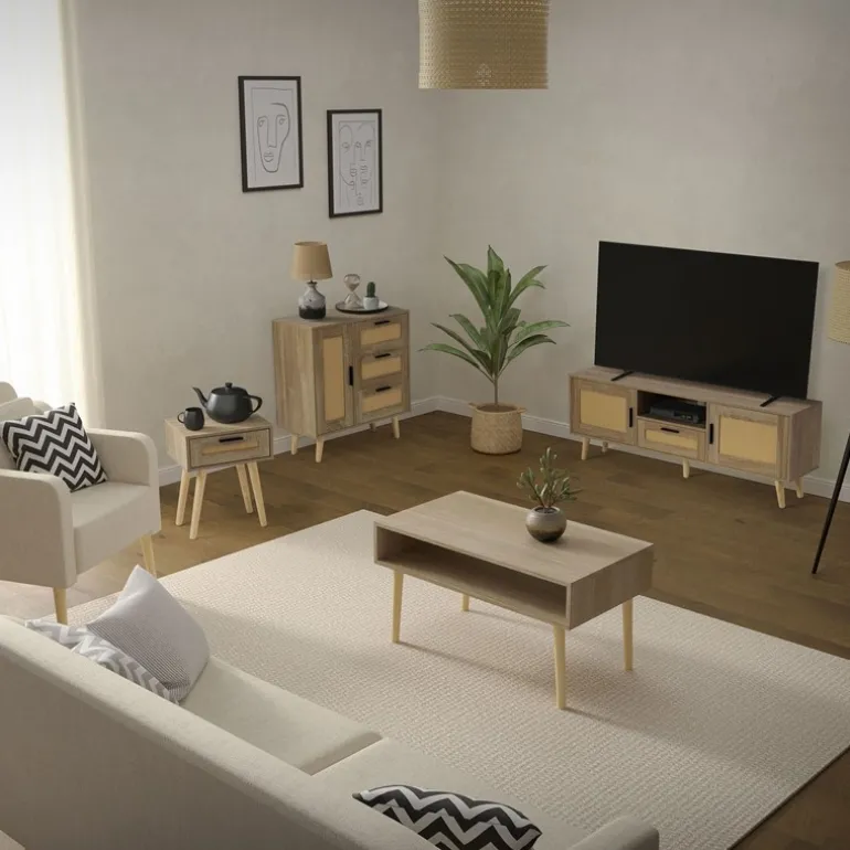Nachttisch 40x50,5x30 cm Eiche-Optik Beistelltisch mit Rattanfront & Massivholzfüßen ML-Design
