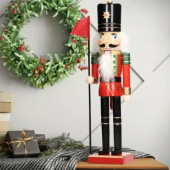 Nussknacker Figur mit schwarzer Hut und Fahne 25 cm aus Holz