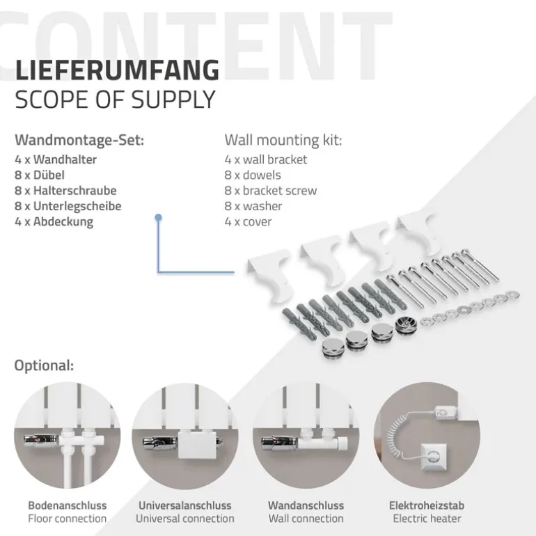 Paneelheizkörper Einlagig 300x600 mm Weiß mit Boden Anschlussgarnitur ML-Design