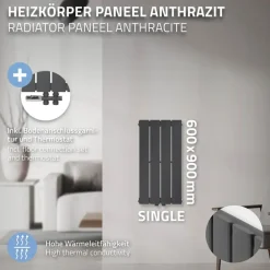 Paneelheizkörper Einlagig 600x300 mm Anthrazit mit Boden Anschlussgarnitur ML-Design