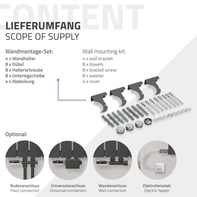 Paneelheizkörper Einlagig 600x300 mm Anthrazit mit Universale Anschlussgarnitur ML-Design