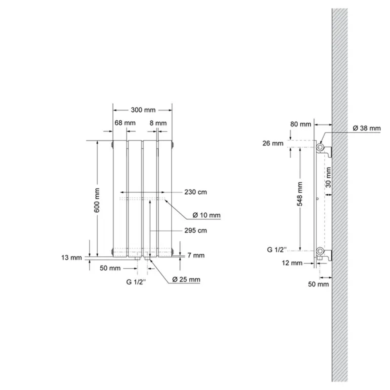 Paneelheizkörper Einlagig 600x300 mm Anthrazit mit Universale Anschlussgarnitur ML-Design
