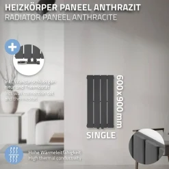 Paneelheizkörper Einlagig 600x300 mm Anthrazit mit Wand Anschlussgarnitur ML-Design