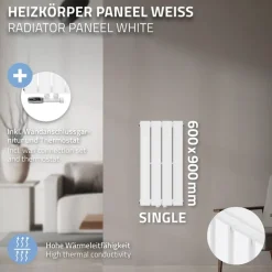 Paneelheizkörper Einlagig 600x300 mm Weiß mit Wand Anschlussgarnitur ML-Design