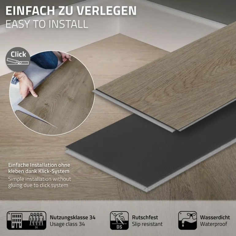 PVC Vinylboden Bodenbelag Set à 20 Dielen 4,2mm für 1,56m² mit Klick-System Fischgräte Eiche dunkel ML-Design