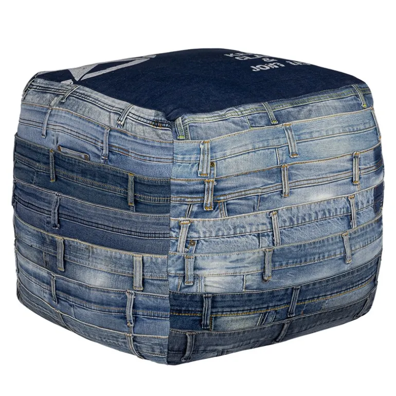 Quadratischer Sitzhocker Blau 45x45x45 cm aus Jeans mit Baumwolle Füllung WOMO-Design