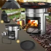 Raketenofen silber aus Stahl inkl. Gusseisen Grillplatte und Tragetasche  BBQ#BOSS