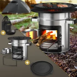Raketenofen silber aus Stahl inkl. Gusseisen Grillplatte und Tragetasche  BBQ#BOSS