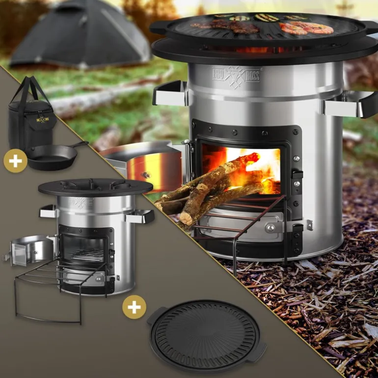 Raketenofen silber aus Stahl inkl. Gusseisen Grillplatte und Tragetasche BBQ#BOSS