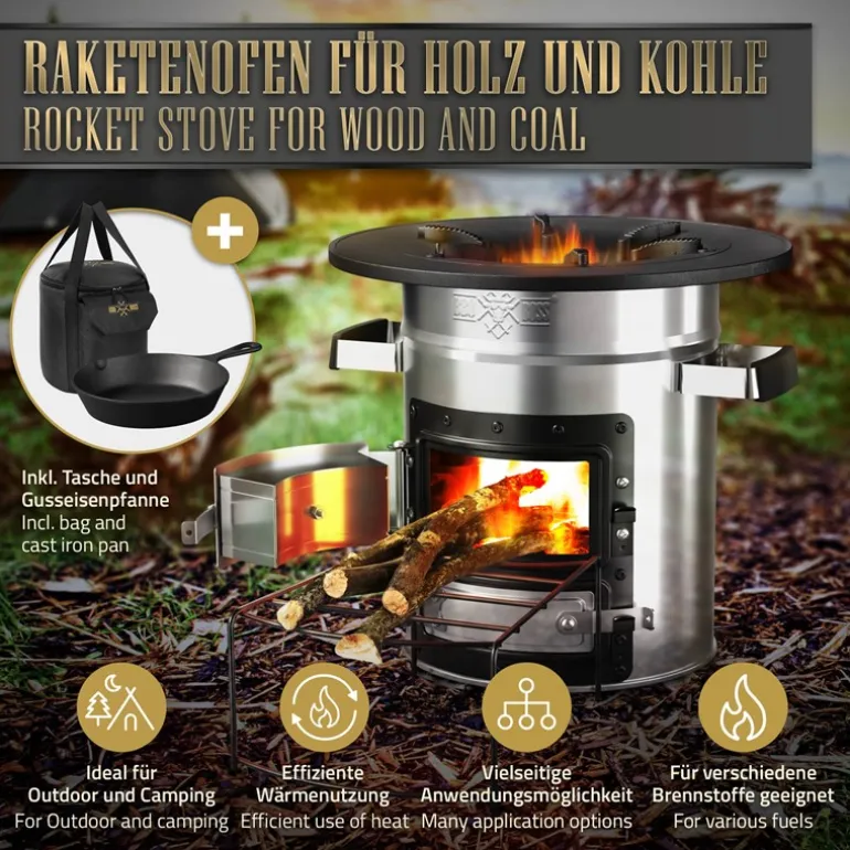 Raketenofen silber aus Stahl inkl. Gusseisen Grillplatte und Tragetasche BBQ#BOSS