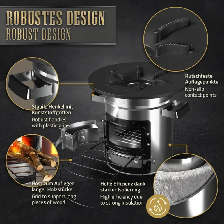 Raketenofen silber aus Stahl inkl. Gusseisen Grillplatte und Tragetasche BBQ#BOSS