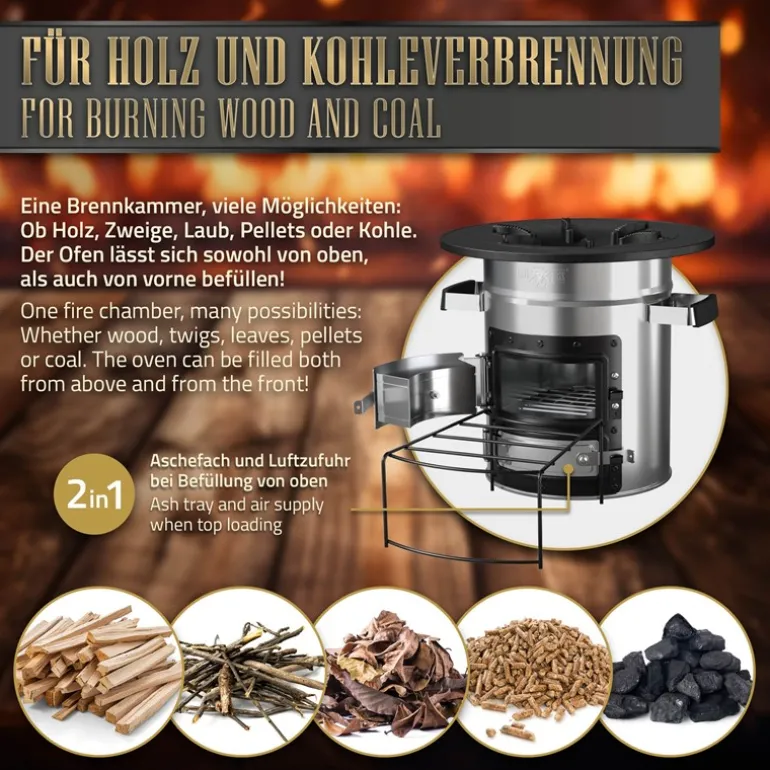 Raketenofen silber aus Stahl inkl. Gusseisen Grillplatte und Tragetasche BBQ#BOSS