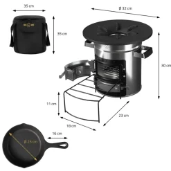 Raketenofen silber aus Stahl inkl. Gusseisen Grillplatte und Tragetasche BBQ#BOSS