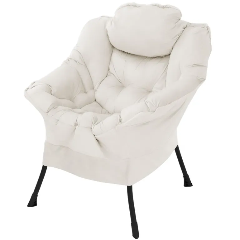 Relaxsessel Creme mit Armlehnen und dickem Kopfkissen und Metallgestell Loungesessel bis 120 kg ML-Design