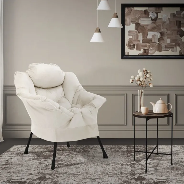 Relaxsessel Creme mit Armlehnen und dickem Kopfkissen und Metallgestell Loungesessel bis 120 kg ML-Design